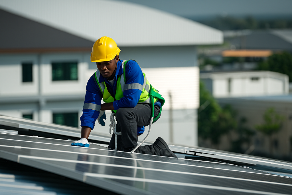 Technician in safety gear installing solar panels on rooftop of modern building, focusing on inspection and maintenance work.