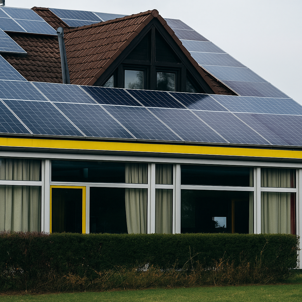 House with rooftop solar panels on a pitched tile roof and large windows below, showcasing a sustainable energy setup.