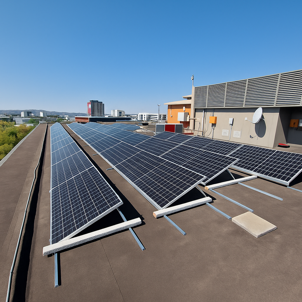 Rooftop solar panel installation on a commercial building with city skyline in the background, under a clear blue sky. Rooftop solar panel installation on a commercial building with city skyline in the background, under a clear blue sky.
