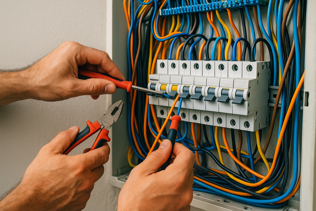 Close-up of electrician's hands working with tools on an electrical panel, connecting colorful wires and circuit breakers