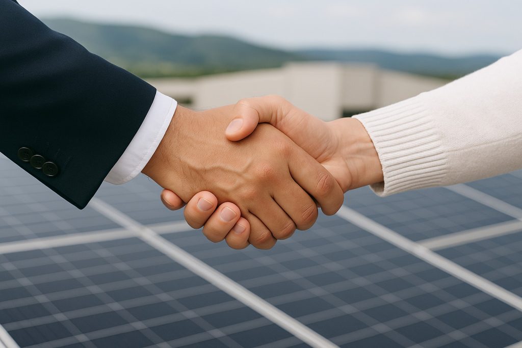 Close-up of business handshake over solar panels – Aris Energy solar financing partnership in South Africa